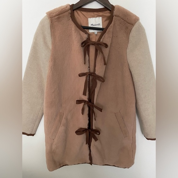 Madewell Colorblock Faux “Mink” Jacket coat tie front fall winter XS brown tan - Picture 10 of 11